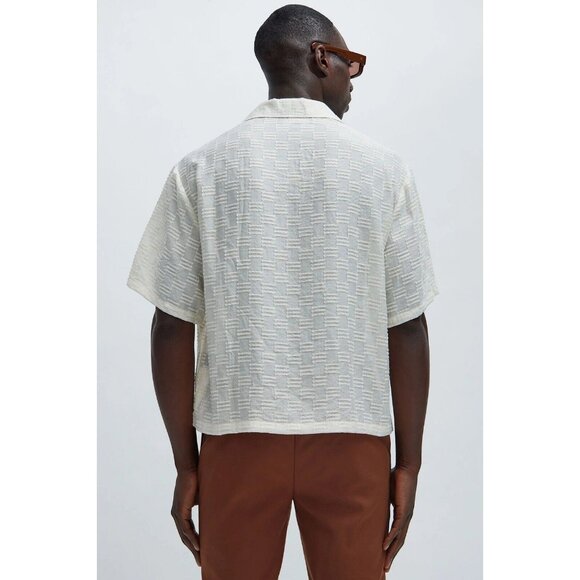 Alabastar Jacquard Button Up Short Sleeve Shirt Cream Men's - Picture 4 of 7